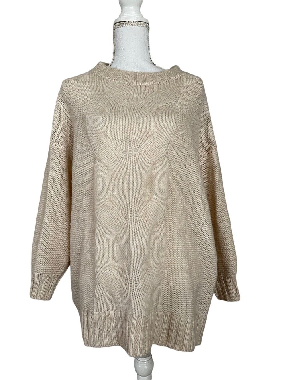 Aerie Small Oversize Wool Blend Open Cable Knit Sweater Balloon Slv Cream #1879